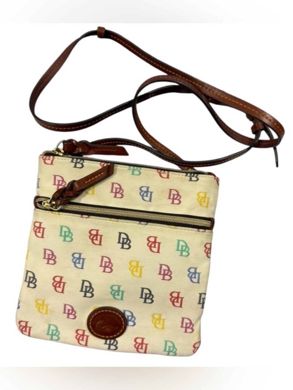 Dooney & Bourke Multicolor DB Monogram Crossbody Bag Y2K Canvas Leather Trim